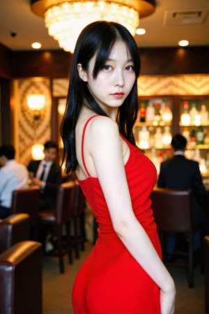 薄暗いレストランで自信を持って立っている赤いドレスを着た若いアジア人女性をポートレー...。