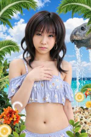 花と緑に囲まれたトロピカルな環境でポーズをとる若いアジア人女性を正面カメラのアングル...。