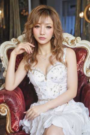 金の刺繍が施された白いドレスを着て、赤と金の豪華な椅子に座っている若い女性をポートレ...。