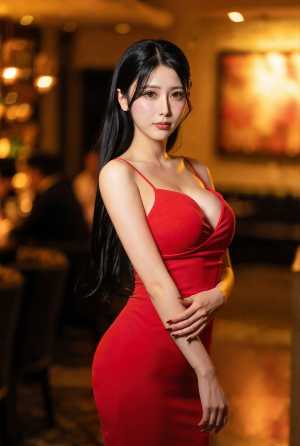 薄暗いレストランの環境で自信を持ってポーズをとる赤いドレスを着た女性を、ポートレート...。