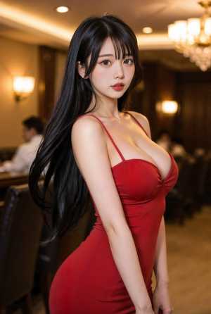 豪華なレストランの雰囲気の中で自信を持ってポーズをとる赤いドレスを着た若い女性をポー...。