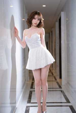 モダンな廊下のガラスの壁に立っている短い白いドレスを着た若い女性を横から撮った写実的な写真。