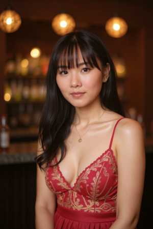 ぼやけた棚とライトを背景にした薄暗いバーの環境で撮影された、金の刺繍が施された赤いド...。