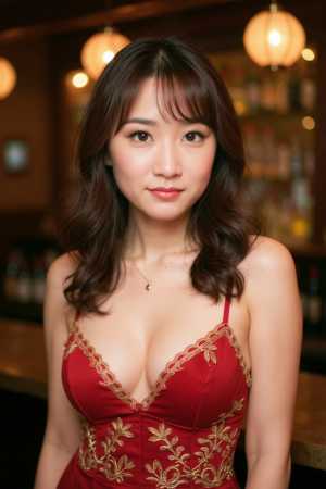 薄暗いバーの中で、ポートレートカメラの角度から撮影された、写実的なアジアの若い女性の...。