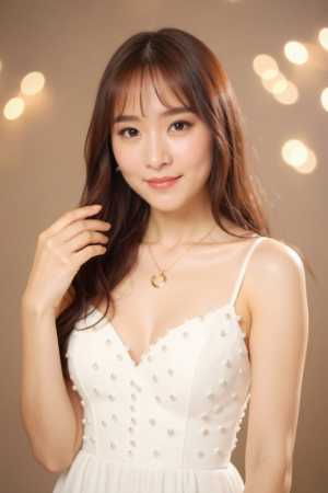 長くストレートな茶色の髪と白い肌を持つ若い女性が、ボケ味のある柔らかくぼやけた背景に...。