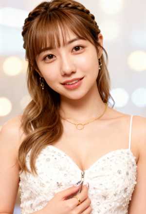 長くウェーブのかかった茶色の髪を三つ編みに整え、大きく開いたネックラインと金のネック...。