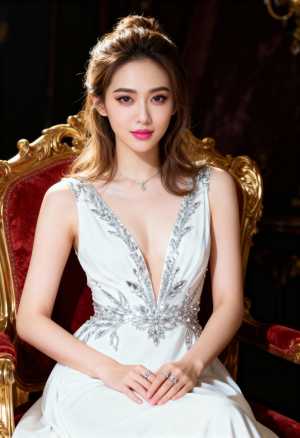 銀の装飾で飾られた、大きく開いたネックラインを持つフォーマルな白いウェディングドレス...。