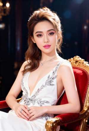 白いフォーマルドレスを着て豪華な椅子に優雅に座る美しい女性をポートレートアングルから...。