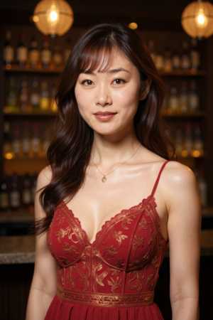 ボトルと提灯のあるぼやけたバーの背景の前に立つ赤いドレスを着た女性を、ポートレートア...。