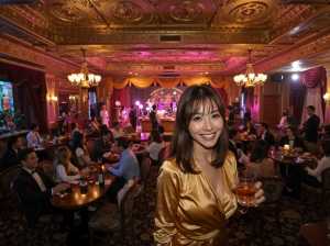 豪華なダイニング ルームでウィスキーのグラスを持つ女性を正面カメラ アングルから写実...。