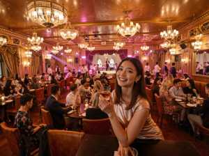 高級レストランのテーブルに座り、ビールのグラスを持ってカメラに向かって微笑む若い女性...。