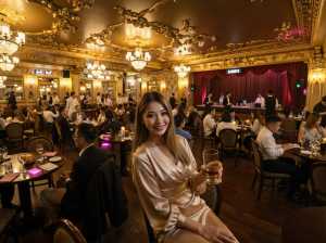 高級レストランに座ってビールのグラスを持ち、カメラに向かって微笑む女性を正面から写実...。