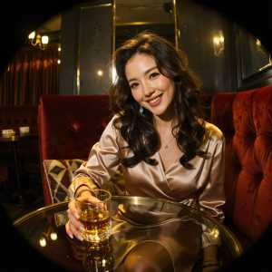 薄暗いカフェの雰囲気の中で、ウィスキーを飲みながらテーブルに座る女性を円形の視点から...。