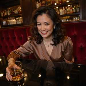 バーに座り、ウィスキーのグラスを手に持ちながらカメラに向かって微笑む女性のポートレート。