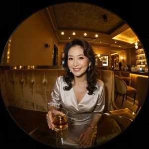 薄暗いバーのテーブルに座り、温かい笑顔でカメラをまっすぐ見つめる女性のポートレート。