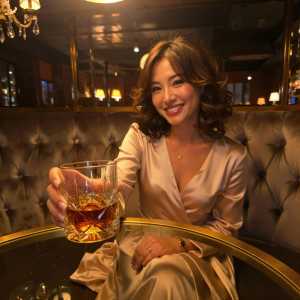 薄暗いバーの雰囲気の中で、ウィスキーを飲みながらテーブルに座る女性を正面カメラのアン...。