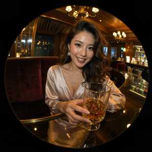 バーに座ってウィスキーのグラスを持っている若い女性を円形の視点から写実的に撮影したもの。