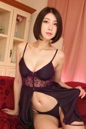 露出の高い紫色のランジェリーセットを着て、居心地の良いリビングルームの赤いソファに座...。