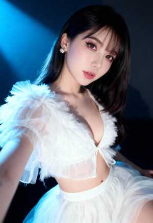 暗い背景に青い光源が照らされ、自信を持ってポーズをとる若い女性をポートレート アング...。