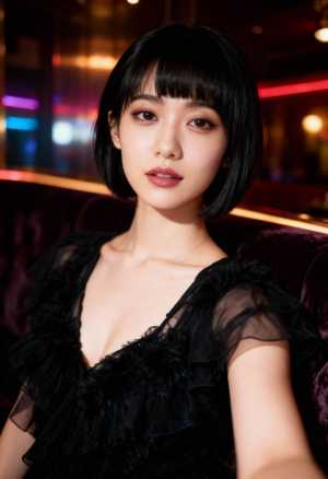 カラフルなライトを背景にした薄暗い部屋で紫色のベルベットのソファに座る、短い黒のボブ...。