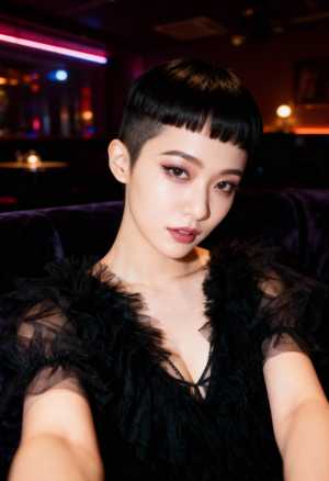 薄暗いナイトクラブで自撮りをする若い女性のポートレート。