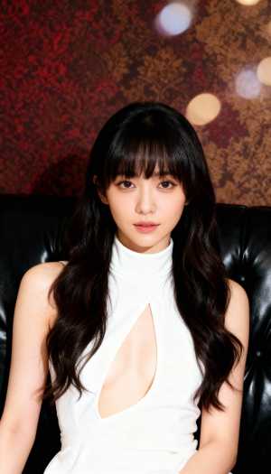 ウェーブのかかった長い黒髪と前髪を持つ若い女性が画像の中央に座っており、胸の谷間が見...。