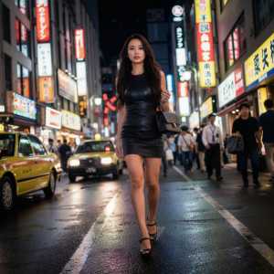 タイトな黒い革のドレスを着て、小さな黒いハンドバッグを持って夜の混雑した街路を歩く若...。