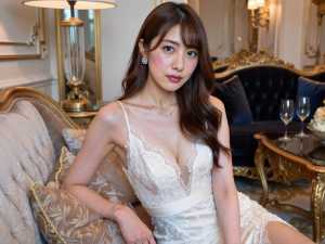 豪華なリビング ルームの豪華なソファに座っている若い女性の写実的なポートレート。