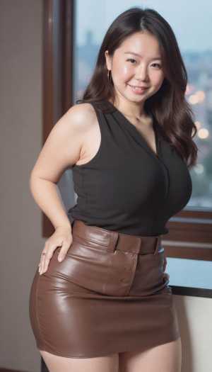 背景の窓から見える街並みを背景に、モダンなオフィス環境で自信を持ってポーズをとる若い...。