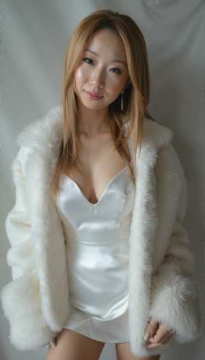 白いドレスと豪華な白い毛皮のコートを着て自信を持ってポーズをとる若い女性をポートレー...。