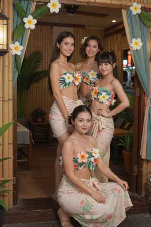 花柄のサロンを着て花で飾られた、トロピカルな雰囲気の中で一緒にポーズをとる 4 人の...。