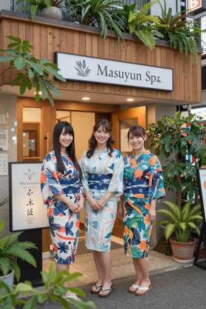 日本の東京にあるマスユン・スパの入り口の前に立つ、トロピカルな葉っぱの模様が入ったカ...。