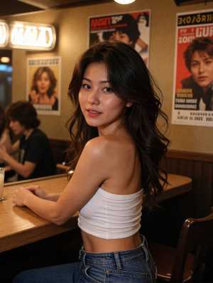 薄暗いレストランのバーに座っている、白いクロップトップとブルー ジーンズを履いた若い...。