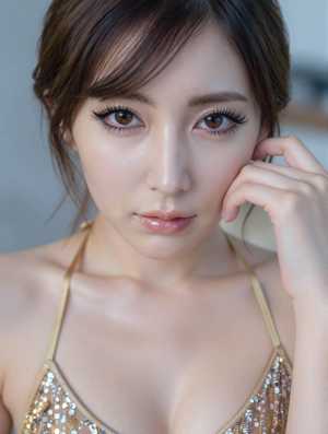 金色のスパンコールのホルターネックトップを着た、中性的な表情の若い女性の写実的なポー...。