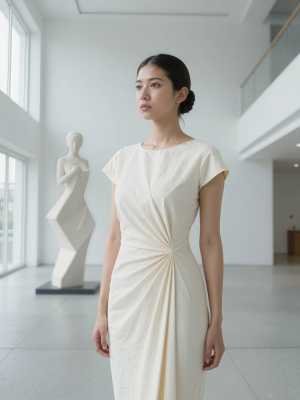 結び目のディテールが施された白いドレスを着てアート ギャラリーに立つ若い女性を横顔カ...。