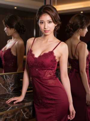 赤いフォーマルなドレスを着て鏡の前に立ち、自信を持ってポーズをとる若い女性を横から見...。