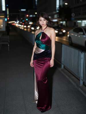 街の明かりを背景に、夜の街路に佇む豪華なイブニングドレスを着た女性を、全身カメラアン...。