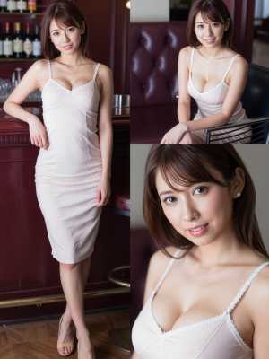 バーのセッティングで白いドレスを着て自信を持ってポーズをとる若いアジア人女性を正面カ...。