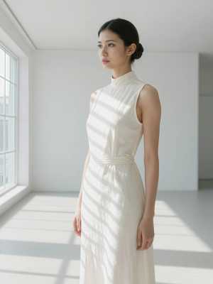 縦縞模様の白いノースリーブのドレスを着て、誰もいない部屋に立つ若い女性を横顔カメラの...。