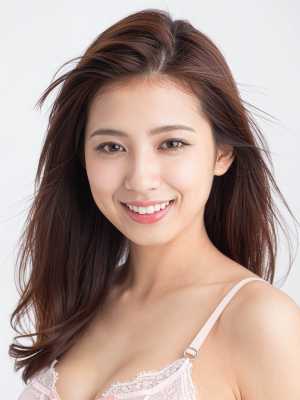 ウェーブのかかった茶色の長い髪と白い肌を持つ若い女性の写実的なポートレート。