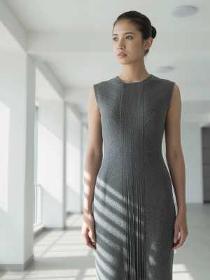 大きな窓から日光が差し込む空っぽの部屋にノースリーブのニットドレスを着て立っている若...。