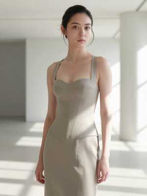 大きな窓から日光が差し込み、誰もいない部屋に、ぴったりとしたベージュのドレスを着た若...。