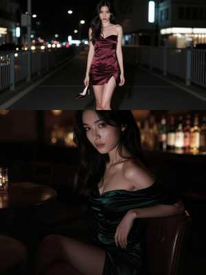 夜の薄暗い屋外の環境で、豪華なバーガンディのサテンのドレスを着てポーズをとる女性を正...。