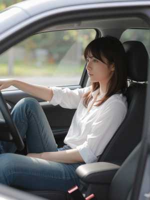 白いブラウスとブルー ジーンズを着て、現代の車の運転席に座っている若い女性を横から撮...。