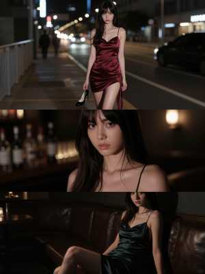 赤いサテンのドレスを着た若い女性が夜の街路で自信満々にポーズをとる、トップダウン視点...。