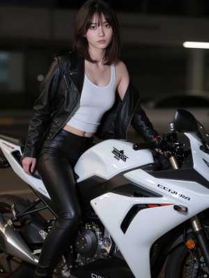 薄暗い駐車場で白いバイクに座っている若い女性を正面から写実的に撮影した写真。