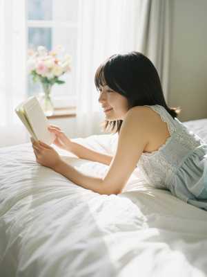 居心地の良い寝室の環境で、ベッドの上で本を読んでいる若い女性を横から撮った写実的な写真。