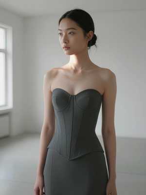 大きな窓のある誰もいない部屋に、フォーマルな服装をした若い女性が自信を持って立ってい...。