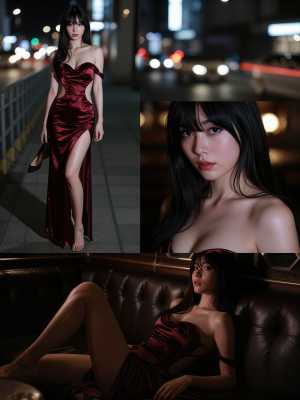 夜の薄暗い街並みの中で、豪華な赤いサテンのドレスを着て自信を持ってポーズをとる女性を...。