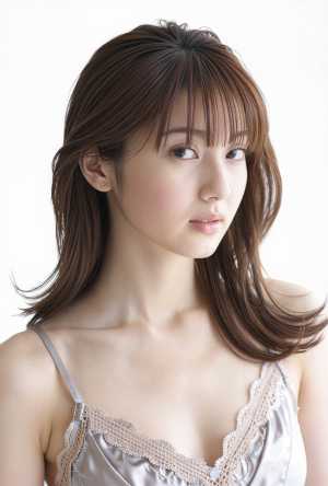 中性的な表情を持つ若い女性の写実的なポートレート。